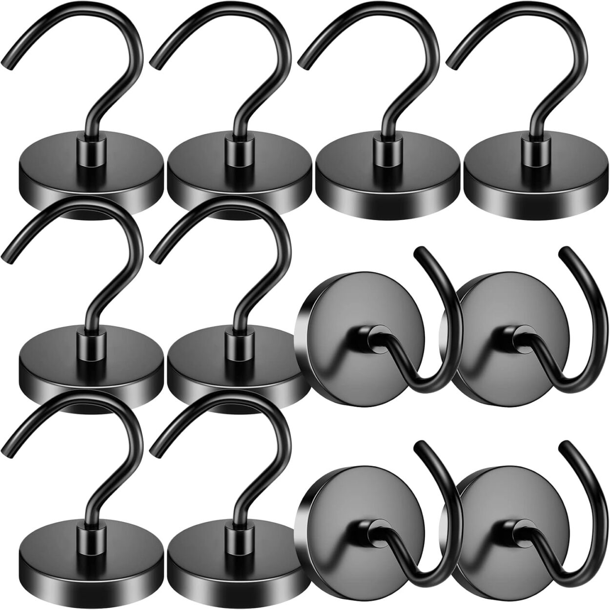 12 Pack Black Magnetic Hooks 110 Lbs Heavy Duty Neodymium Magnet Hook, Strong Magnetic Hooks Magnetic Hanger for Hanging, Rust Proof Magnets